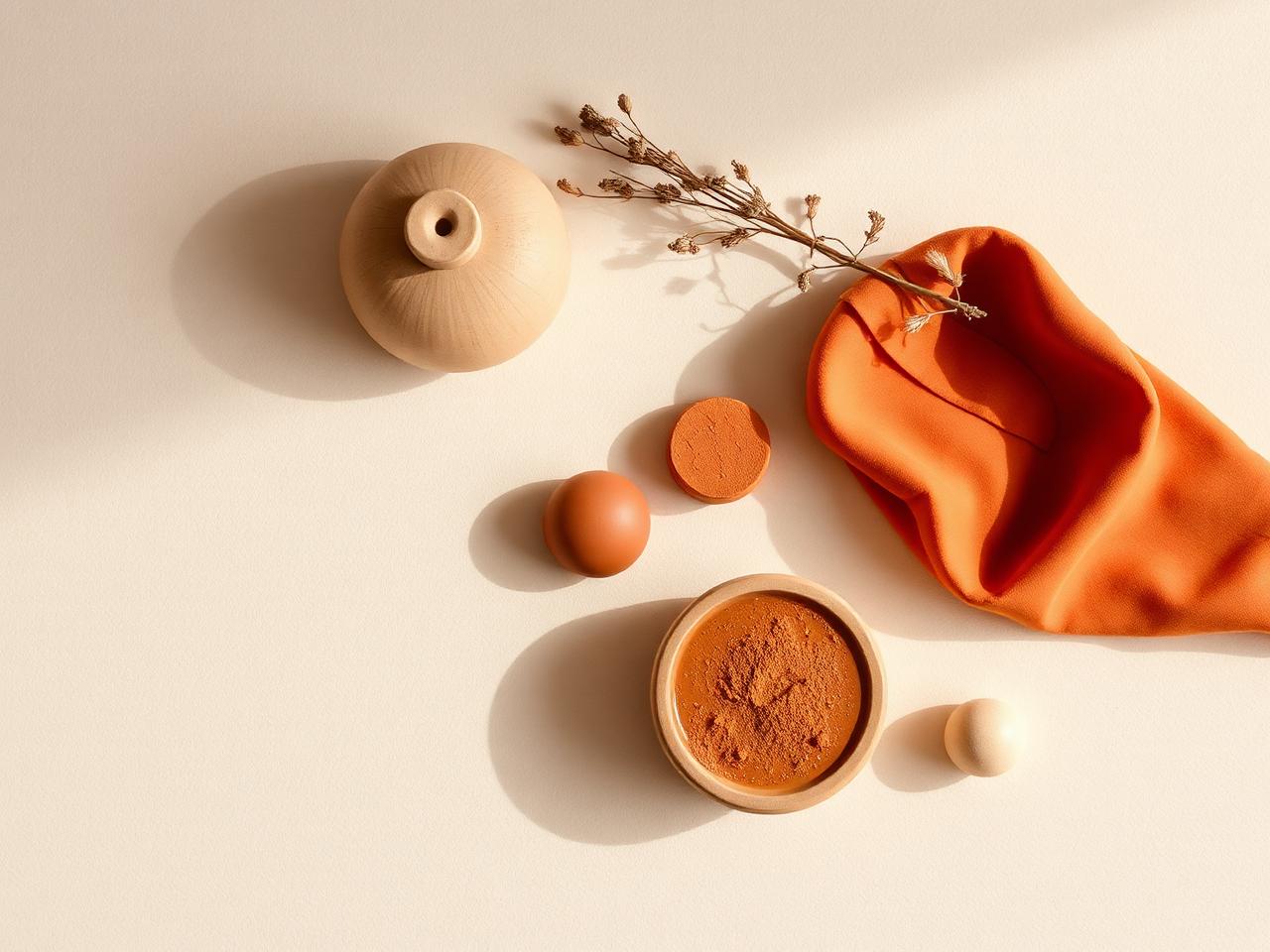 Still life of ceramics, dried flowers, and pigment